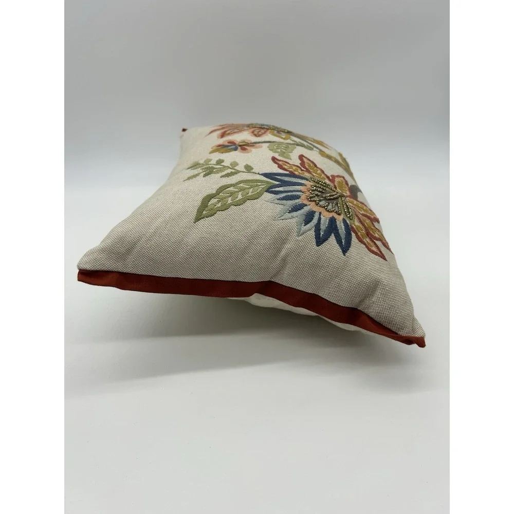 Pier 1 Imports Jacobean Floral Lumbar Pillow Beaded Embroidered Boho Velvet Trim